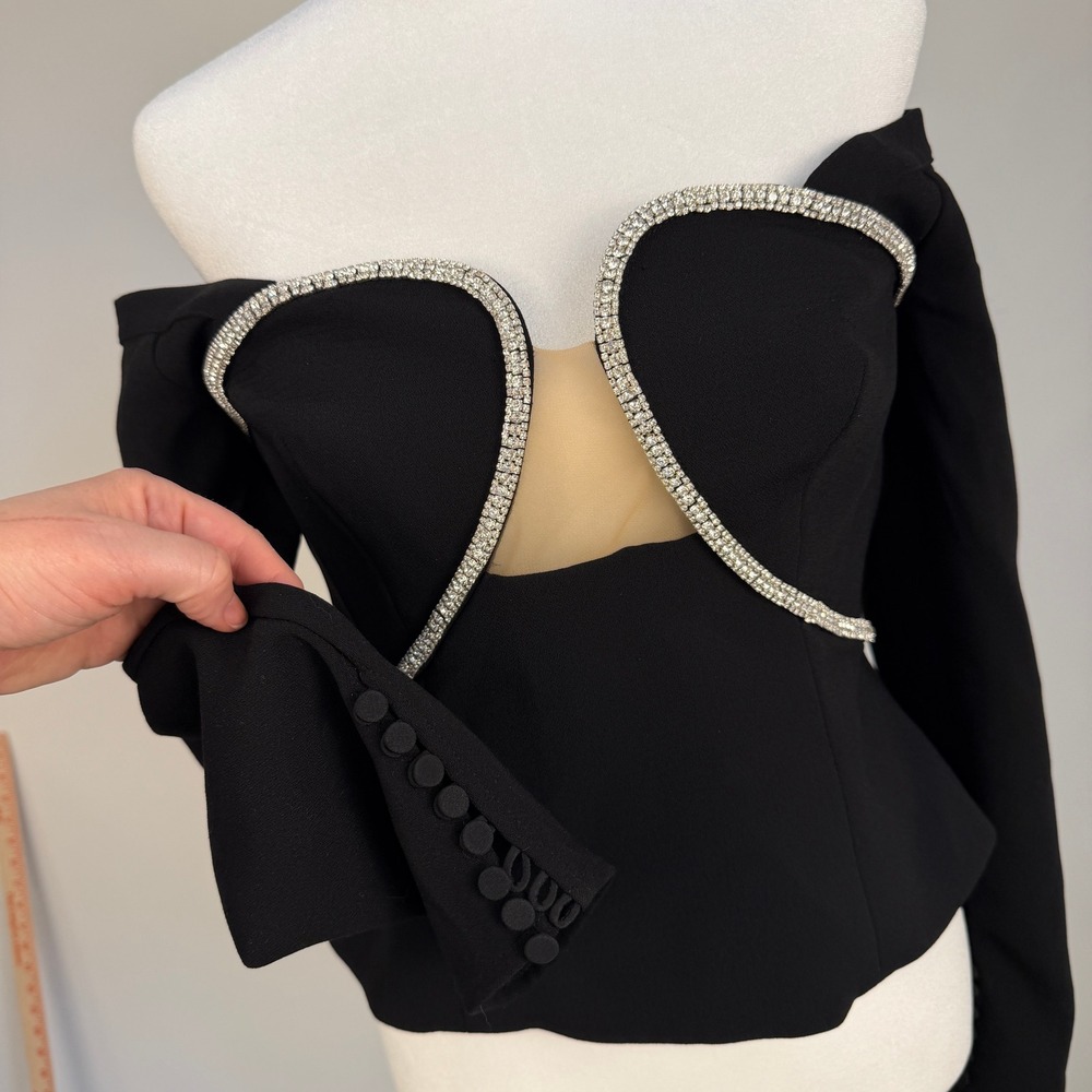 Self Portrait Off Shoulder Crystal Embellished‎ Top Revolve NWOT Women 8 Black - Picture 12 of 12